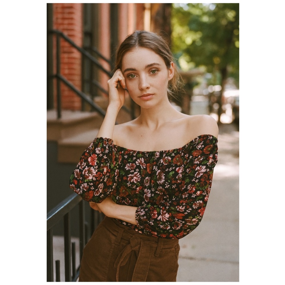 ZARA Black Floral Off Shoulder Puffy Sleeve Top XS